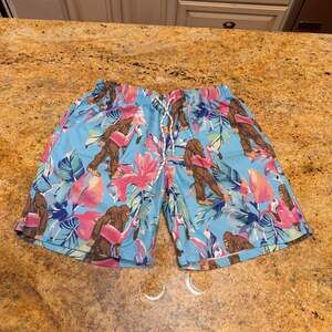 men's tropical print beach shorts adjustable drawstring - L